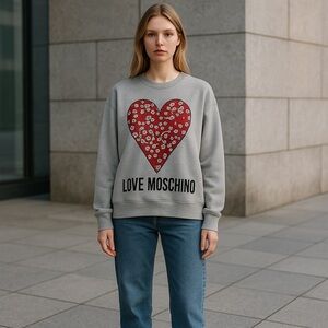 LOVE MOSCHINO Mélange French Cotton Terry Sweatshirt Heart Logo 6 Light Gray